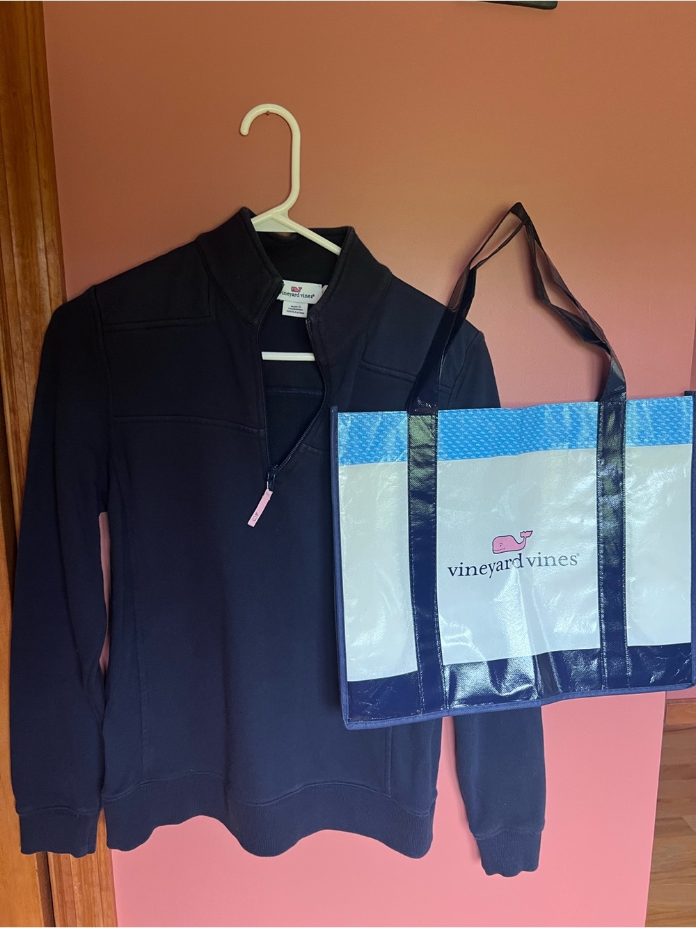 Vineyard Vines Black Cotton Quarter-Zip Pullover with Pink Whale Logo